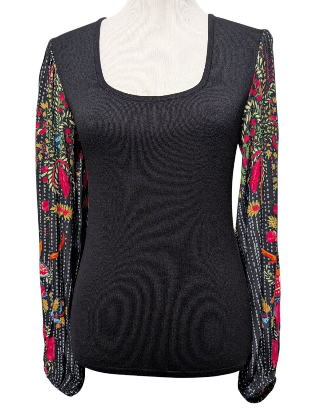 Anthropologie Bl-nk London Womens Size S Black Knit Printed Balloon Sleeve Top